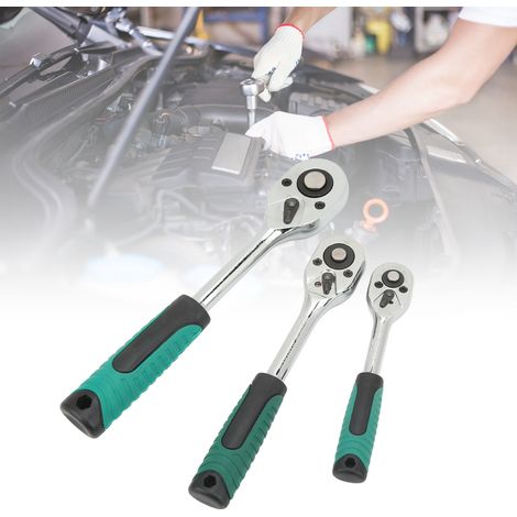 Ratschenschlüssel mit geradem Schaft und 24 Zähnen sind in den Größen klein, mittel und groß mit den Maßen 1/2 Zoll, 3/8 Zoll bzw. 1/4 Zoll erhältlich. (1/5)