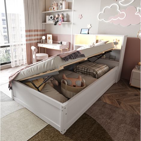 Lit coffre 90x200 cm avec 4 rangements, tête de lit LED et prise multifonction, en bois blanc, sans matelas (1/5)