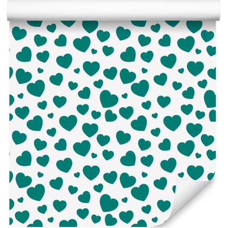 Papel pintado de corazones en blanco, turquesa, verde celadón y menta, 50x1000 cm. (1/5)