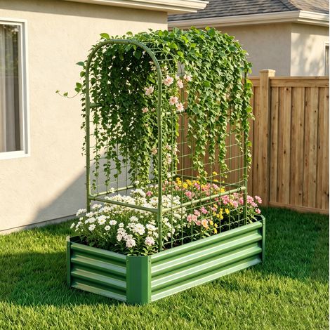 Hochbeet 120x60x150 cm para cultivar verduras, hierbas y flores, metal verde (1/5)