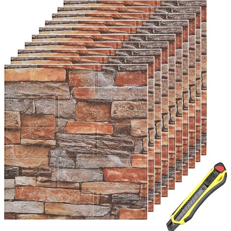 10 Pièces Papier Peint Brique 3D Panneau Mural Adhésif Papier Peint Adhesif Stickers Murale Décoradif Dalle PVC Adhesive Murale pour Salle De Bain Balcon Cuisine, 35 38.5cm (Rouge) (1/5)