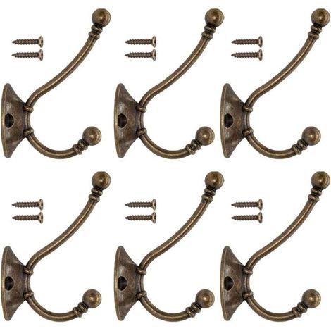 Lot de 6 patères murales vintage en métal pour porte, chapeaux, penderie, salle de bain, cuisine, fonte, laiton, bronze (vis incluses) (1/3)