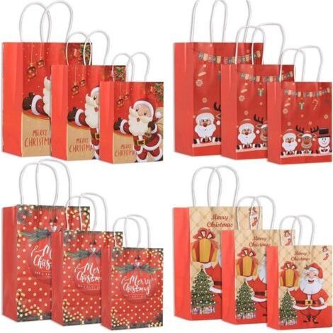 FENOPLASTICASac Cadeau Noel, 12 PCS Sac Papier Kraft Poignée Noël, Sachet Bonbons Anniversaire Durable, Pochette Cadeau Grands, Moyens et Petits pour Noël, Fête Du Thé, Mariage et Fêt (1/4)