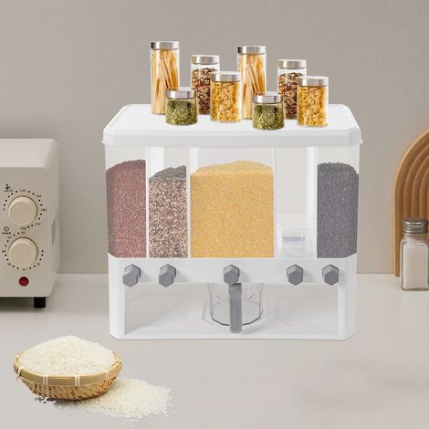 Müslispender, Getreidespender, Cornflakes-Spender, Müslibehälter, 15 kg, weiß, 5 Fächer, für Küche, Esszimmer, Nachttisch
