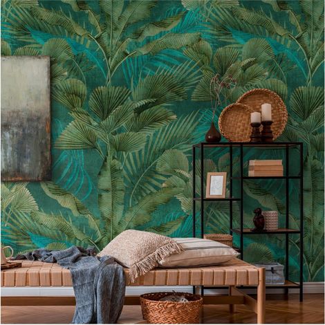 Photo wallpaper wall Profhome 391851 hot embossed non-woven wallpaper smooth with jungle elements matt green teal olive green 1,59 m x 2,8 m (1/5)