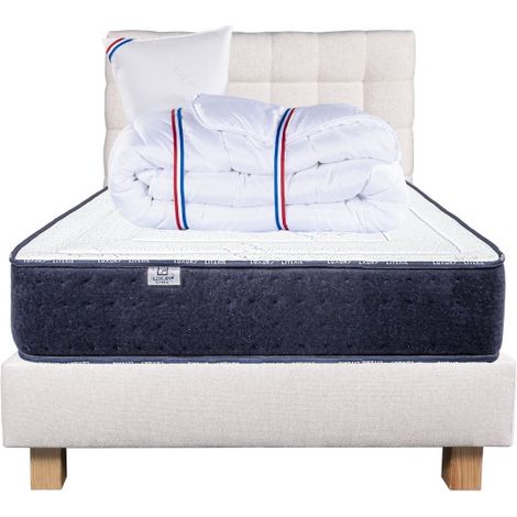 Ensemble complet Matelas Nuage(24 cm), Sommier beige(20cm), Tête de Lit, oreiller et couette, matelas mi-ferme, face été/hiver, 90x190cm (1/5)