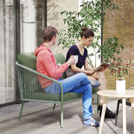 Canapé de jardin 2 places en résine tressée avec coussins canapé d'extérieur accoudoirs cadre en acier 112x72x76cm vert