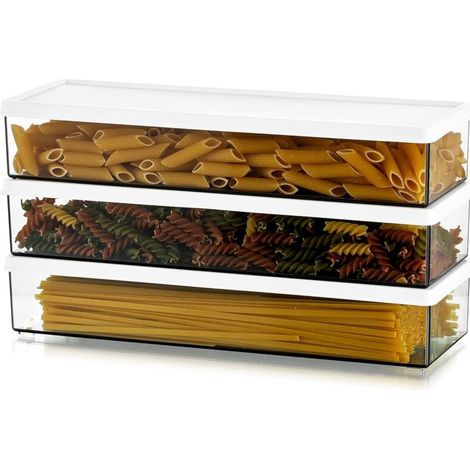 Tigrezy Pasta-Aufbewahrung aus Kunststoff, luftdichter Spaghetti-Topf, Nudelbehälter mit Deckel, langlebige stapelbare Lebensmittel-Aufbewahrungsbehälter, 3 transparente Kanister für die Speisekammer,