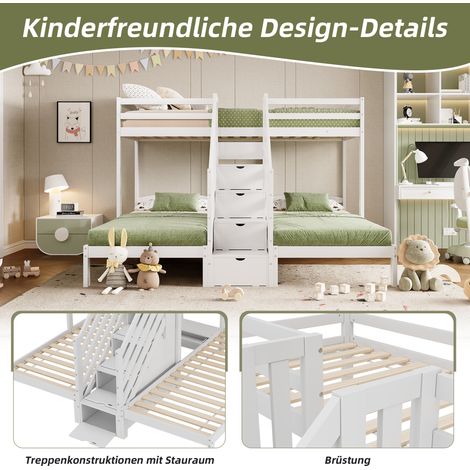 Lit superposé 3 couchages 90x200 cm pin blanc échelle escamotable avec tiroirs barrière sécurité