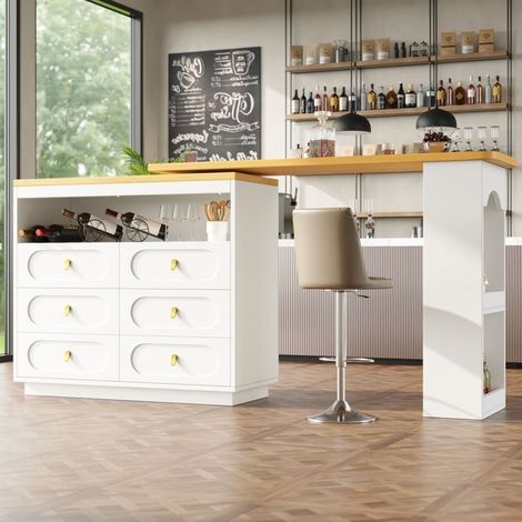 Table de bar extensible roulante 137–203×39×90 cm blanche, pivotante 360° avec 6 tiroirs (1/5)