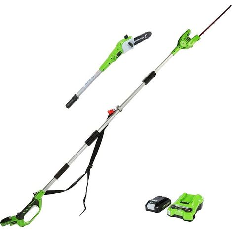 Greenworks G24PSHK2 Sega ad Asta e Tagliasiepi ad Asta 2 in 1 a Batteria, con Tracolla, Barra della Sega ad Asta 20cm, Lame Tagliasiepi ad Asta a Doppia Azione 51cm, Batteria 24V 2Ah e Caricabatterie (1/4)