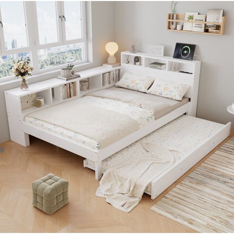 Letto in legno 217x146.5x80 cm, con letto estraibile, ripiano testiera, scaffale laterale, bianco (1/5)
