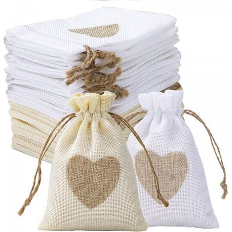 Sacs en Toile de Jute, Lot de 24 Sachets en Lin Chanvre avec Cordon et Motif de Coeur, Jute Pochette Baptême Pochon Tissu Réutilisable pour Mariage, Anniversaire, Fête, Loisirs Créatif (1/5)
