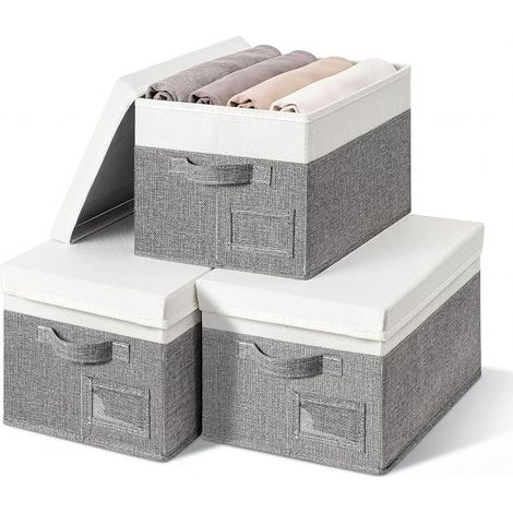 Boîtes de Rangement avec Couvercle Boites Rangement Vetement Boîte de Rangement Tissu pour Étagères Paniers et Boîtes de Rangement Rectangulaire pour Placard Blanc Gris (1/5)