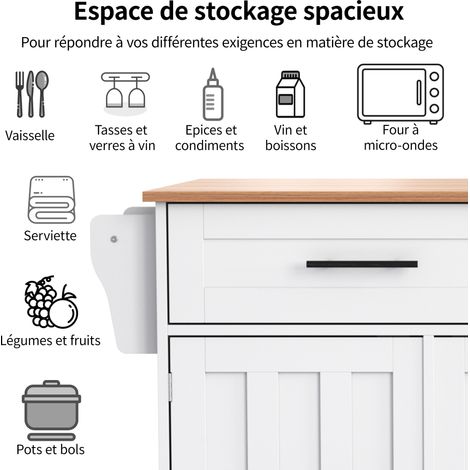 129x46(71)x91,5 cm de dimensions pour le chariot de repas/Sideboard. Plan de travail en bois massif avec motif particulier. Meuble blanc. Plan de travail rétractable. (1/5)