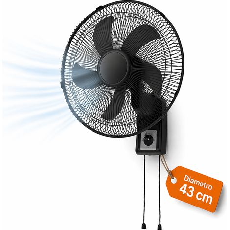Ventilatore da Muro 43cm Nero Raffrescatore Silenzioso 3 Velocità a Parete