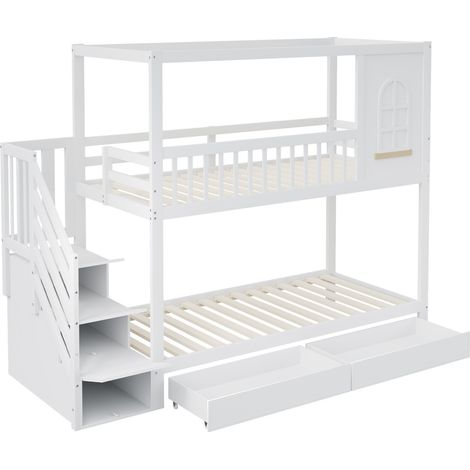 Letto a castello per bambini 90x200 cm in legno con scala contenitore e cassetti bianco (1/5)
