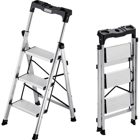 Mophorn Trittleiter mit 3 Stufen, Klappleiter aus Aluminium mit rutschfesten Stufen und ergonomischem Handgriff, belastbar bis 150 kg, vielseitig einsetzbar für Küche, Lager, Haushalt und Büro