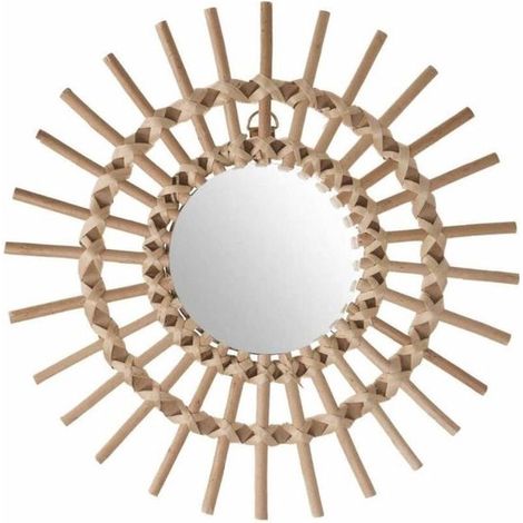 Miroir mural rond en rotin, diamètre 30 cm, style bohème. (1/2)