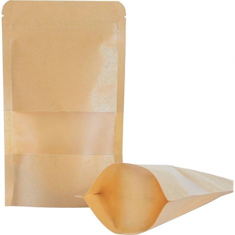 100 bolsas resellables de papel kraft con cierre de cremallera para almacenar alimentos, con parte frontal transparente y base de papel de aluminio, ideales para guardar alimentos, especias, golosinas (1/5)
