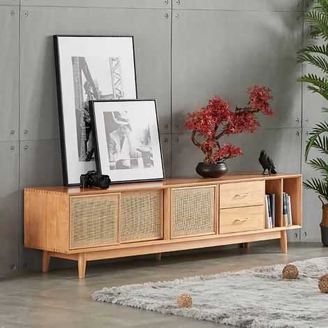 Meuble TV de 80 po, console multimédia naturelle avec portes, tiroirs et étagère en rotin tissé de grande taille (chêne naturel)
