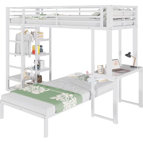Lit superposé enfant 90x200 cm 2 couchages, bureau intégré, étagères rangement vêtements, prises usb type-c, structure fer, blanc (1/5)