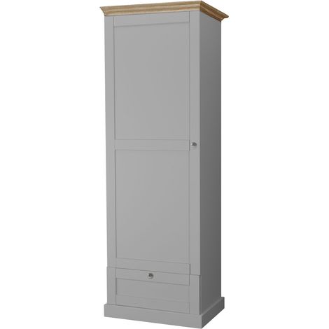 Armoire 1 porte en gris chêne – Style campagnard moderne – Format étroit pour couloir ou chambre – Tiroir et tringle à vêtements (1/4)
