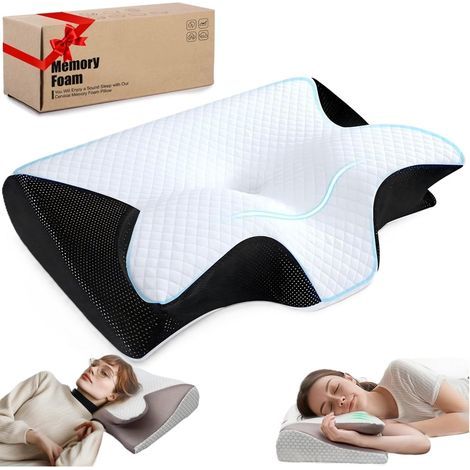 FITLAB-Coussin de nuque, en mousse à mémoire de forme, coussin orthopédique, anti-ronflement, coussin cervical ergonomique, pour dormir sur le côté et le dos, noir (1/5)