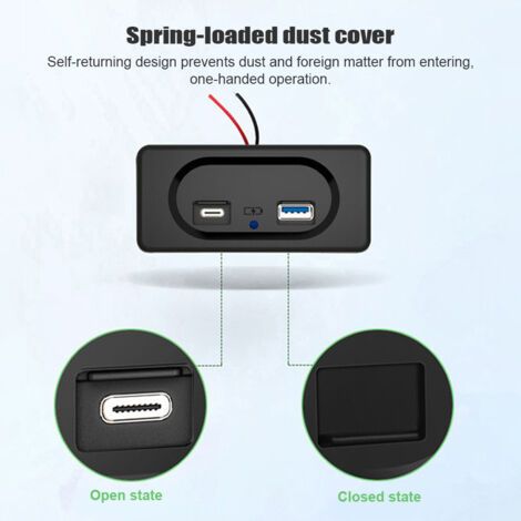 Prise USB 12V avec couvercle, double port de charge rapide PD Type-C, adaptée au montage sur panneau de voiture, bus, camping-car, bateau, VTT, camion. (1/5)