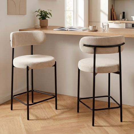 Lot de 2 tabourets de bar H65cm rembourrés velours côtelé beige et pieds métal noir IRIS (1/4)