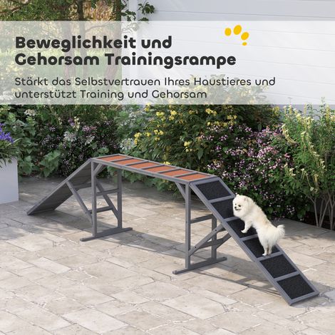 Passerelle d'agilité canine avec barre de sécurité, antidérapant, résistant aux intempéries, matériel d'obstacle pour chien jusqu'à 40 kg, 335 x 55 x 60 cm, gris