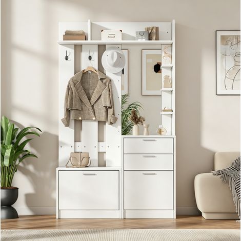 Meuble d'entrée avec Tringle, 2 Tiroirs, 2 Range-chaussures Rabattables, Miroir, 3 Crochets, 110 × 34 × 185 cm (1/5)