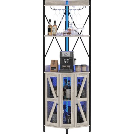 Armoire à Vin d'Angle Avec Prise électrique, Meuble Bar De Style Industriel Avec Bande LED Et Porte-Verres, Buffet En Bois à 4 étagères Pour La Maison Et Les Petits Espaces, Porte En Treillis (1/5)