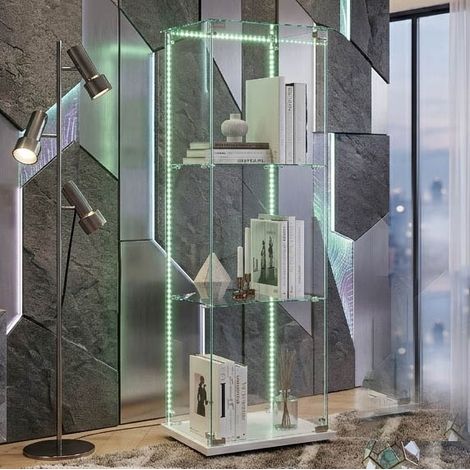 Creahappy Vitrine d'Exposition en Verre Trempé 39.8x35x123.3 cm - Meuble de Rangement avec Ruban LED et Serrure à Clé - Blanc (1/5)
