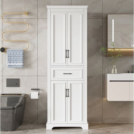 Mobiletto alto da bagno 60x40x180 cm in MDF bianco con cassetto e doppie ante OKWISH (1/5)