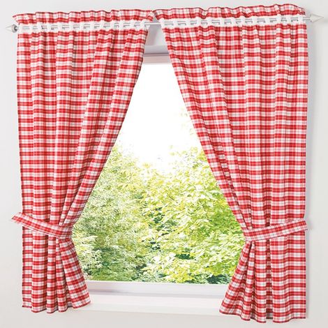 Lot de 2 Rideaux Style Campagne Motif à Carreaux Rideaux Brise-bise occultant et Salle de Bain avec 2 embrasses Rouge LxH 80x120cm (1/5)