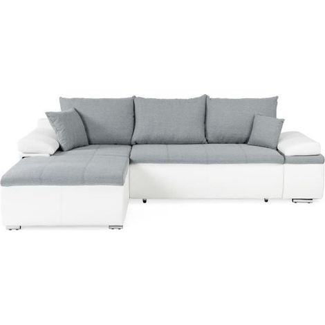 Canapé d'angle réversible convertible 3 places – Simili blanc et tissu gris – Coffre sous l'assise – Couchage 149 x 190 cm – L 274 x P 184 cm (1/5)