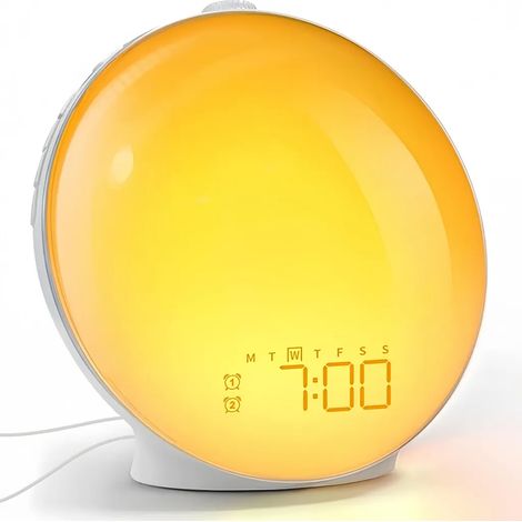 Le caratteristiche includono: luce sveglia fluorescente, luce di risveglio, simulazione del tramonto, luce a 9 colori, regolazione della luminosità a 20 livelli, luce notturna, manopola rotante e moda (1/5)