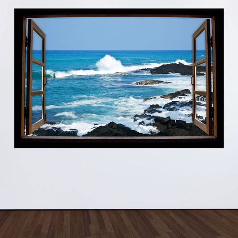 Stickers Trompe l'oeil fenêtre en bois - Vue mer - 60 x 90 cm (1/3)