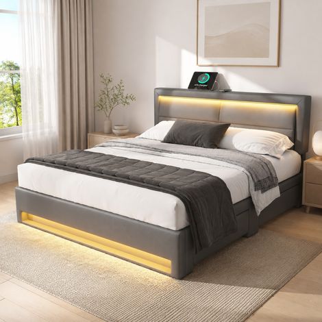 Letto matrimoniale 140x200 cm in PU grigio con contenitore, senza materasso FloraGrace (1/5)