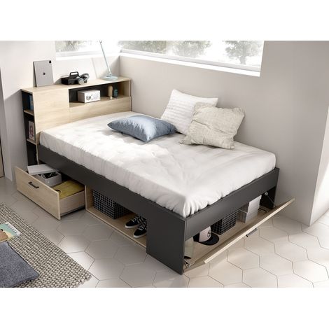 Lit avec tête de lit rangements et tiroirs - 120 x 190cm - Coloris : Naturel et anthracite + Sommier + Matelas - LEANDRE (1/4)
