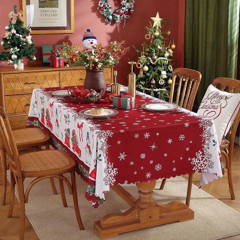 Nappe de Noël rectangulaire en polyester imperméable, imprimée numériquement, 19150 x 180 cm, 400 g/m², idéale pour les fêtes et les réunions de famille. (1/5)