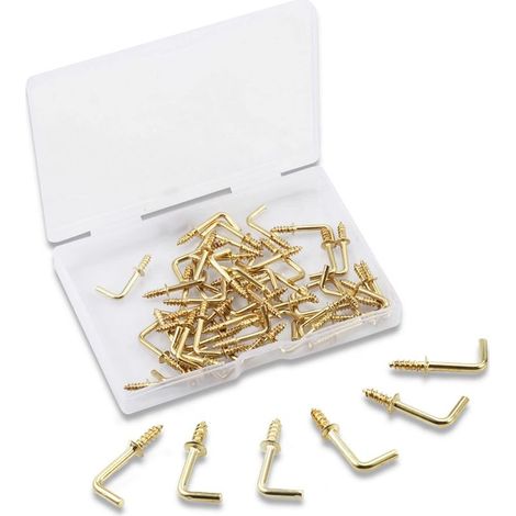 Paquete de 100 ganchos de tornillo de ángulo recto de 1,5 cm, ganchos de tornillo cuadrados, en forma de L, accesorios de fijación con caja de almacenamiento para el hogar, la oficina y el lugar de tr (1/5)