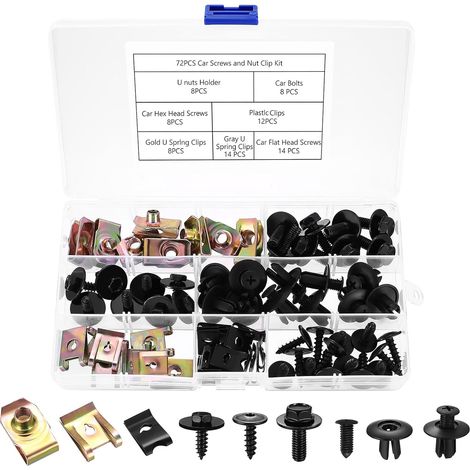 Kit de Fixation Voiture 72 x U Clips et Vis de Carrosserie, Auto Kit à Vis et Écrous, Garde-boue Boulons et Agrafes, Fixations Universelles en Métal pour Voiture (1/5)