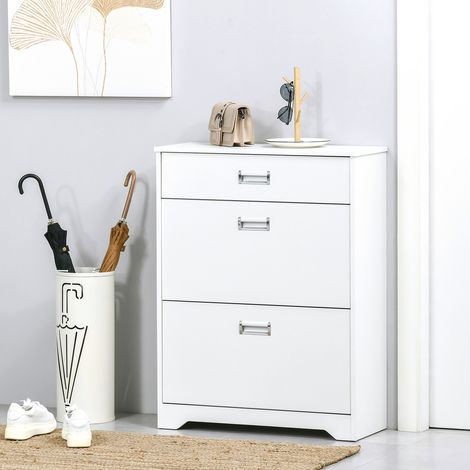 Schuhschrank mit 2 Klappschubladen, verstellbarem Einlegeboden und 1 Schublade, Platz für bis zu 16 Paar Schuhe, 70 x 29 x 92 cm (L x B x H), Weiß