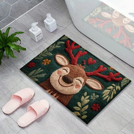 Tapis de bain ou d'entrée motif rennes de Noël – Idéal pour la décoration de la cuisine et de la salle de bain, choix parfait pour Noël, décoration saisonnière (1/5)