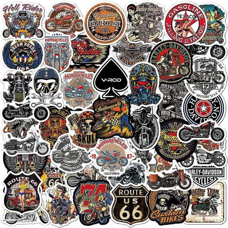 vintage Harley Moto Autocollants 50 Pcs Motard Vinyle Dcalcomanies Pour Bagages Ordinateur Portable Planche Roulettes Vlo (1/5)