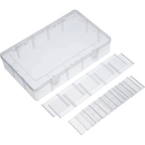 Dicke, herausnehmbare und transparente Aufbewahrungsbox aus Kunststoff mit 15 Fächern und einem Deckel. (1/5)
