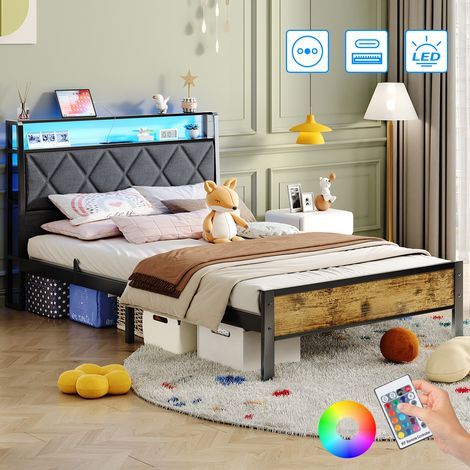 Lit 90x200 avec sommier métal, lit 1 personne avec lumières LED, multiprise (2 prises ca, USB + type c) lit 90x200cm en métal avec rangement, facile à assembler marron (1/5)