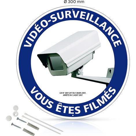 Vidéo surveillance vous êtes filmés panneau de signalisation rond en pvc rigide prépercé avec kit de fixation complet - Diamètre 300 mm (1/5)